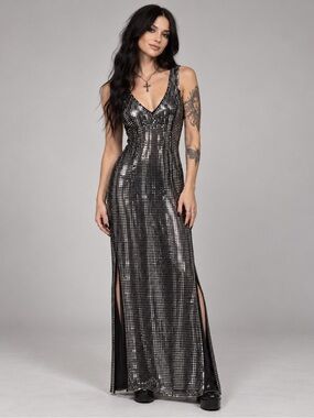 Vintage Lip Service Silver Sequin Black Maxi Dress Goth Y2K Clubwear